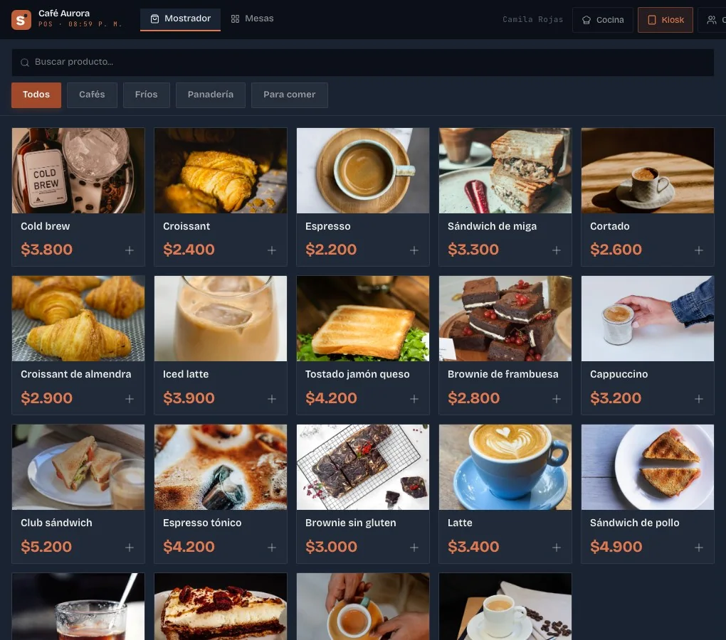 Mostrador de Sirvo con el catálogo y los precios de una cafetería de ejemplo